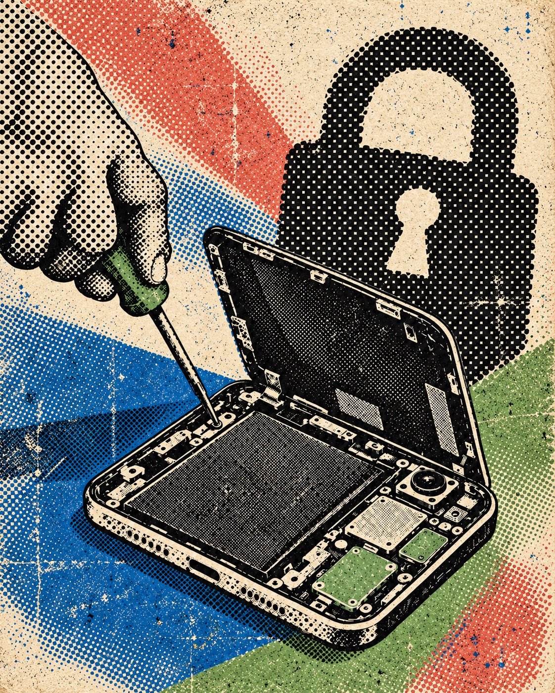 An opened phone being repaired beside a padlock, illustrated in black newspaper halftone
