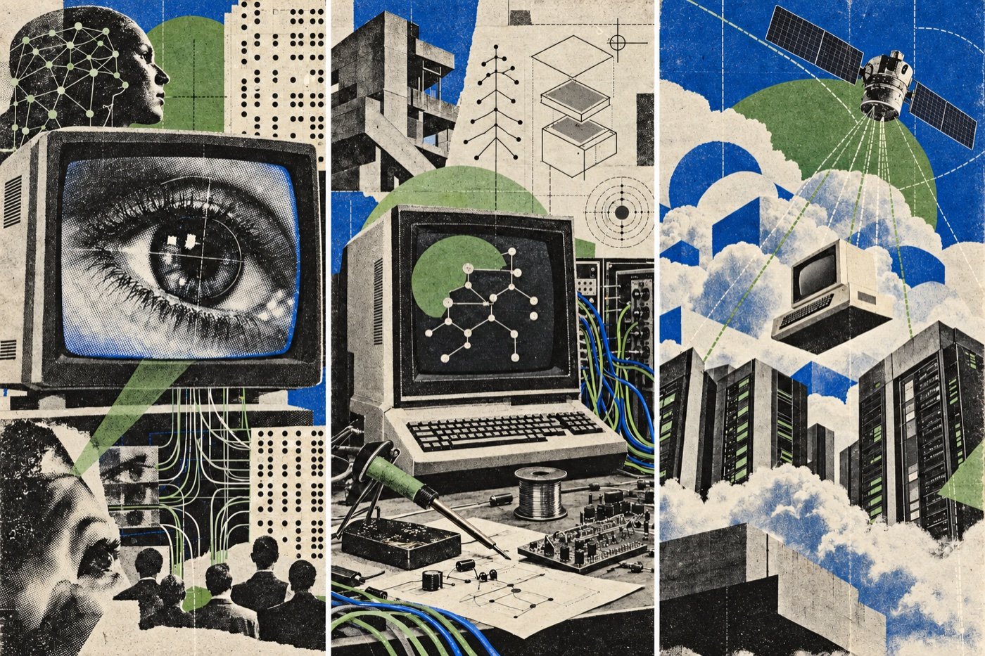 Newspaper-print collage of AI, open computing and cloud infrastructure